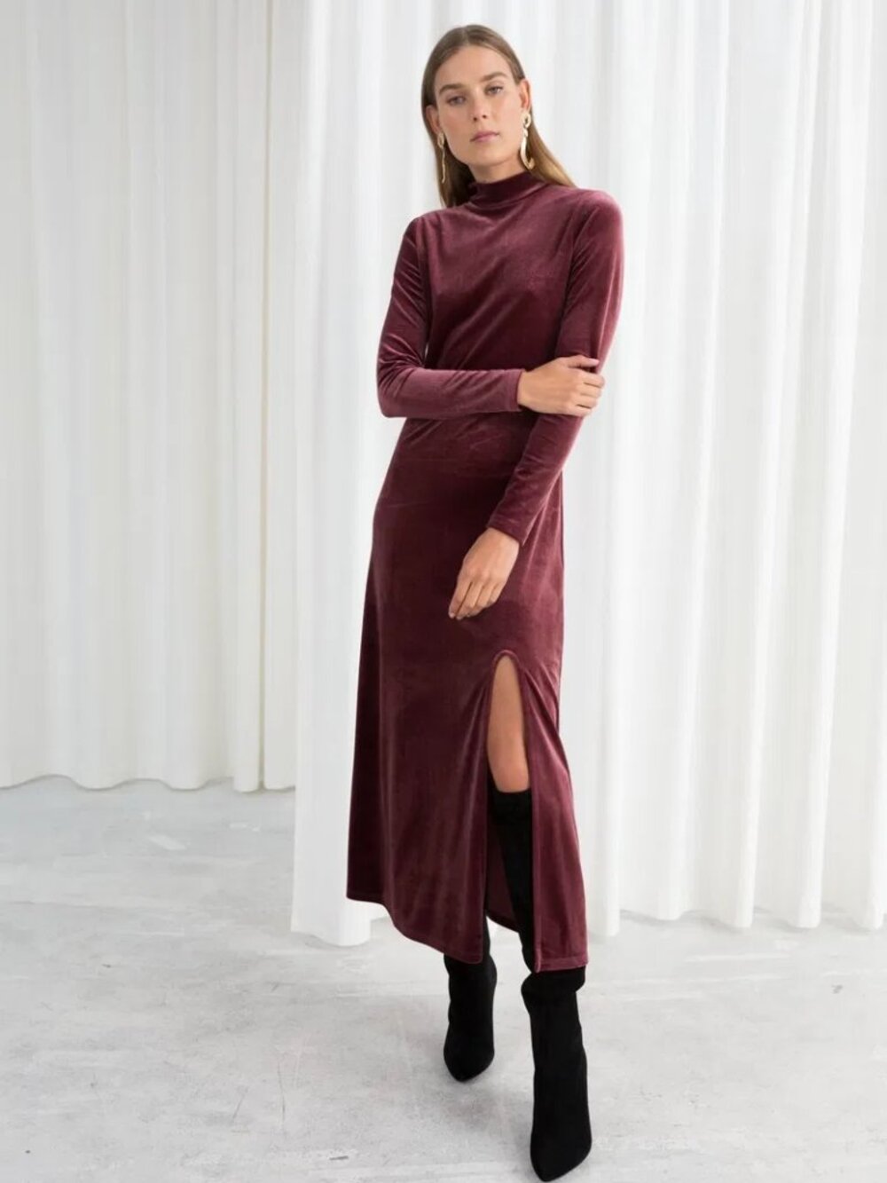 & Other Stories Velvet Turtleneck Midi Dress Burgundy Slit Long Sleeve - Size 4